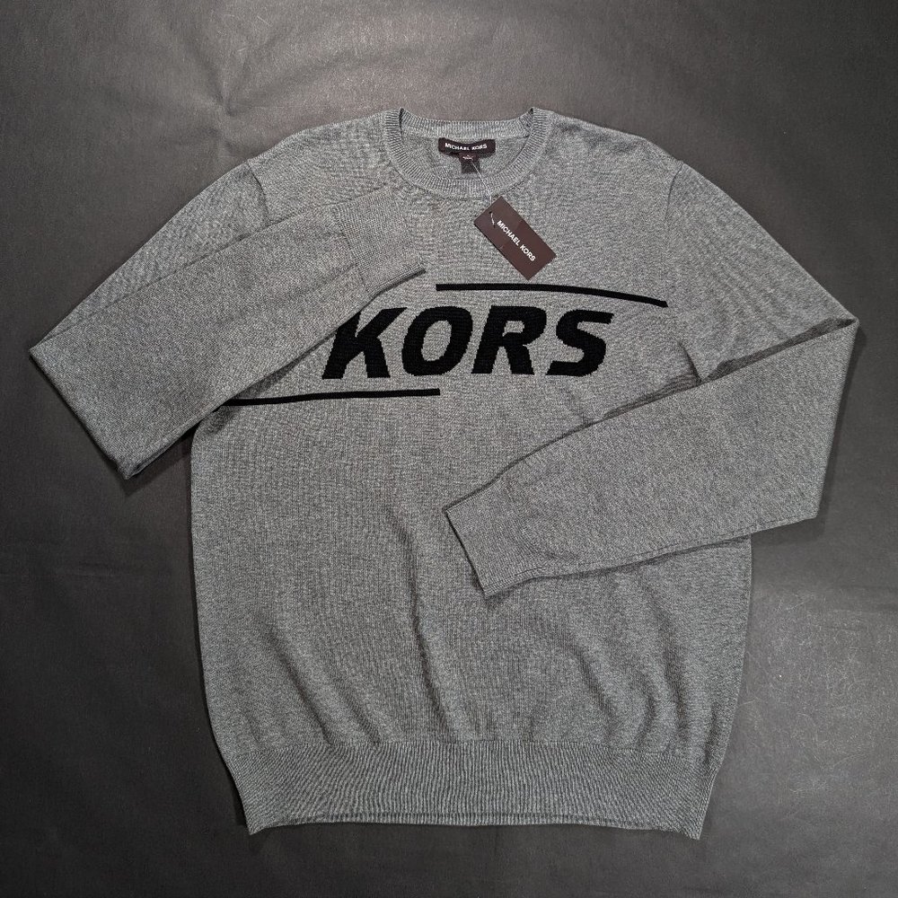$98 Michel Kors Men Knit Crew Neck Sweater Size L Big Logo Long Sleeve Pullover - Picture 1 of 6